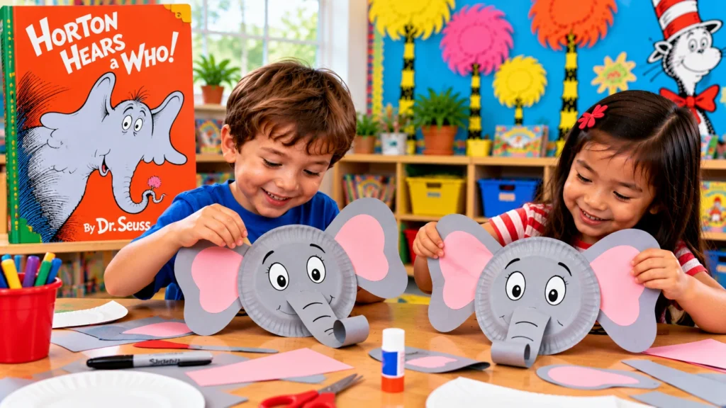 Preschool children making Horton-inspired elephant face crafts using paper plates and large pink-and-gray paper ears.