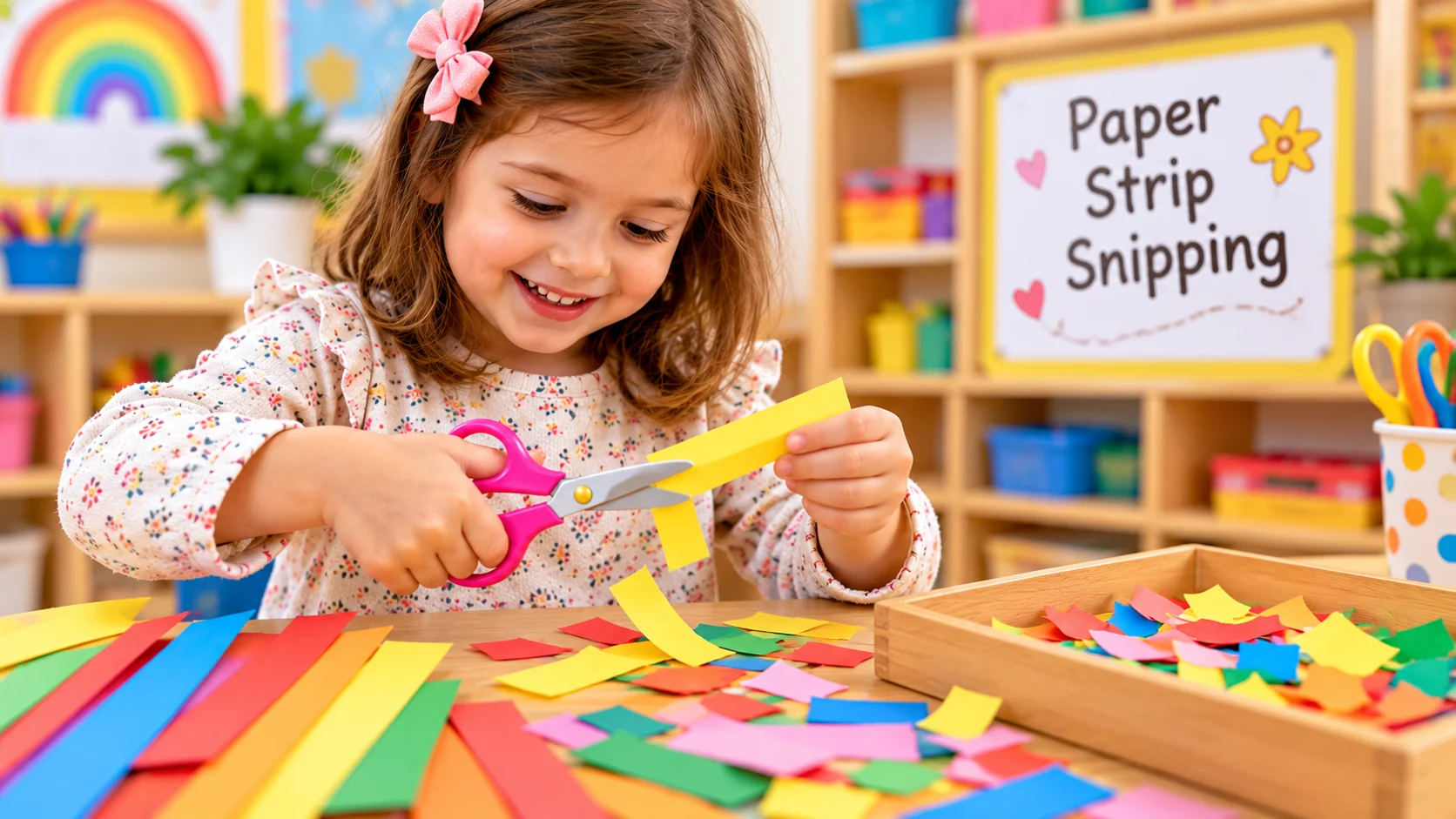 Preschool girl snipping a colorful paper strip with child-safe scissors