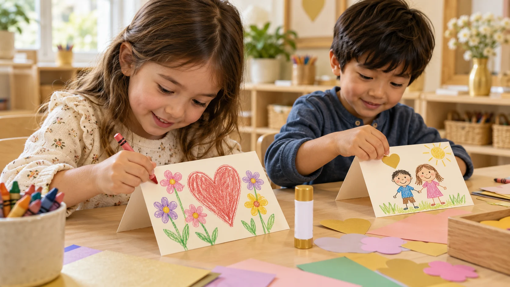 Two children decorating handmade thank-you cards with hearts, flowers, and drawings of friends.
