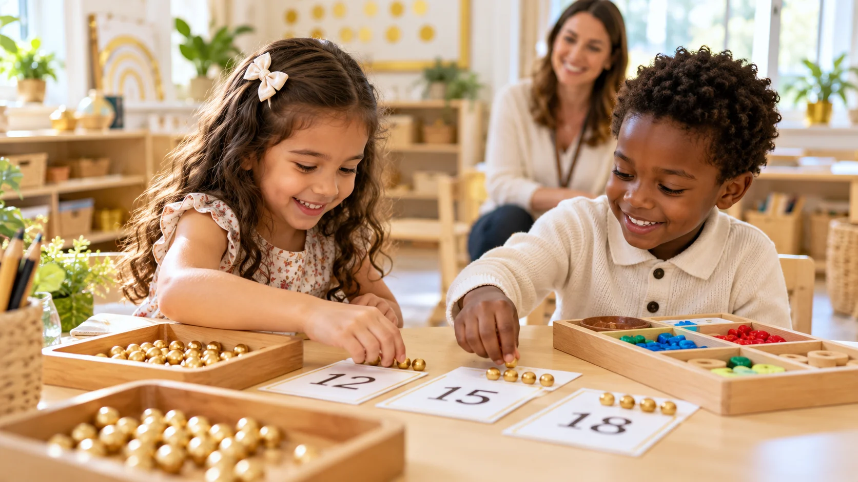 Children exploring number cards with classroom manipulatives