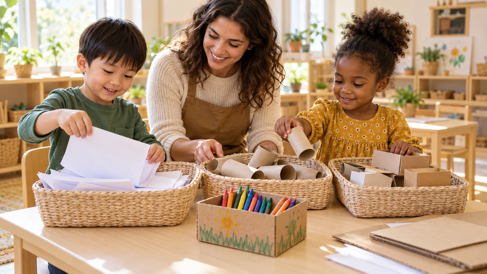 Children sorting paper and cardboard with their teacher beside a reused box holding crayons.