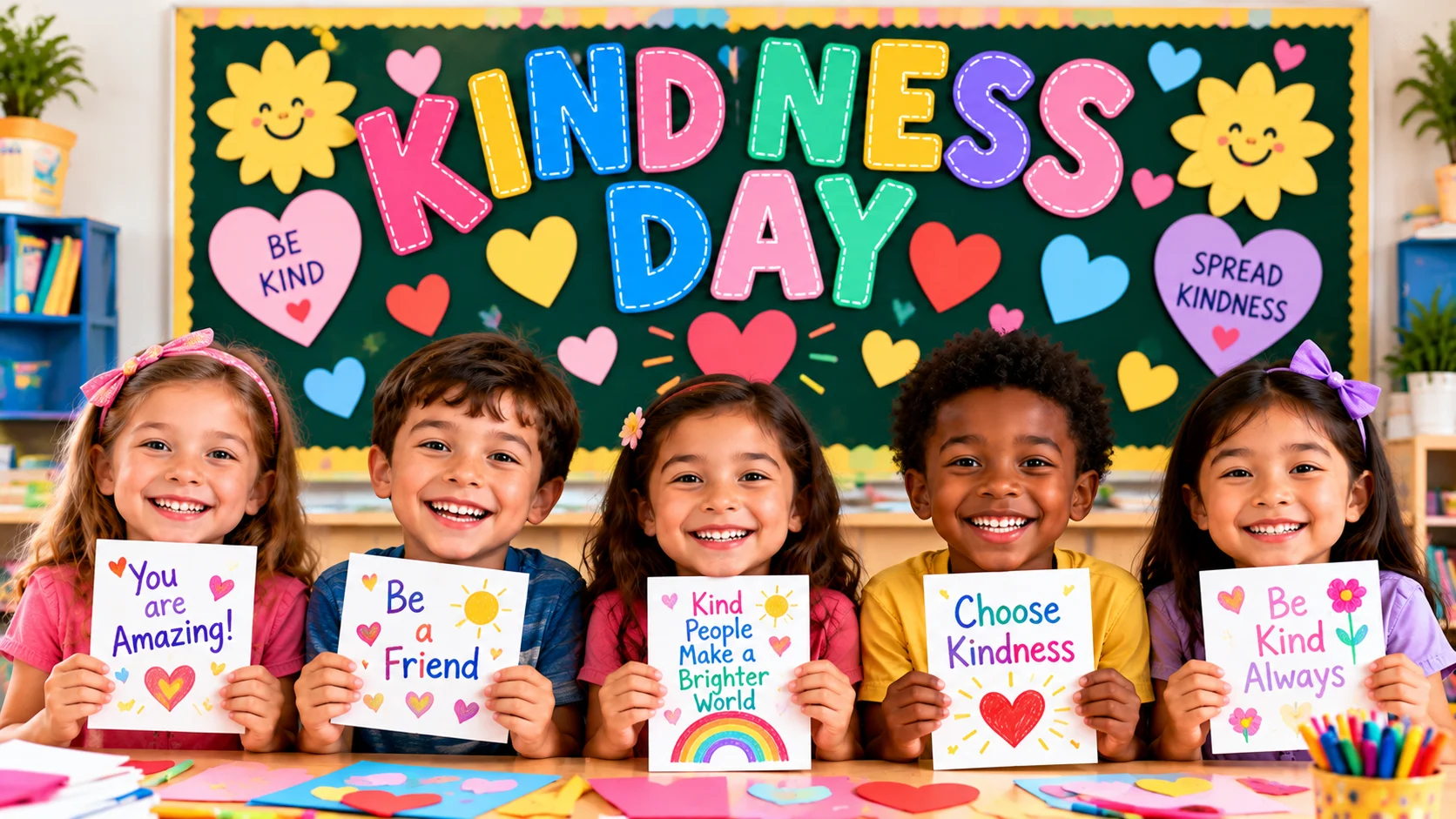 Elementary school students holding handmade kindness cards during a Kindness Day classroom celebration