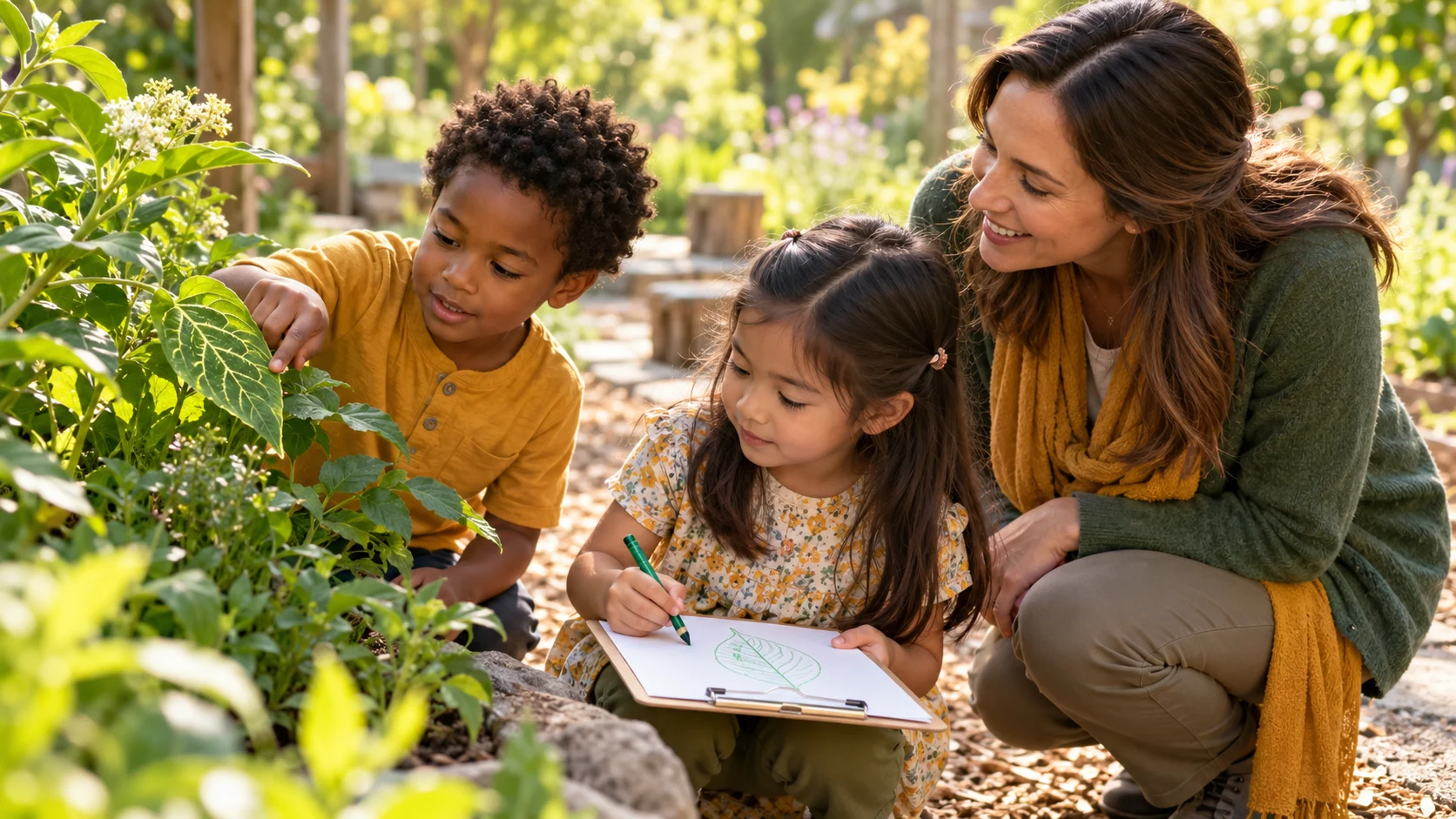 Children observing a leaf and drawing its shape with their teacher in a school garden.