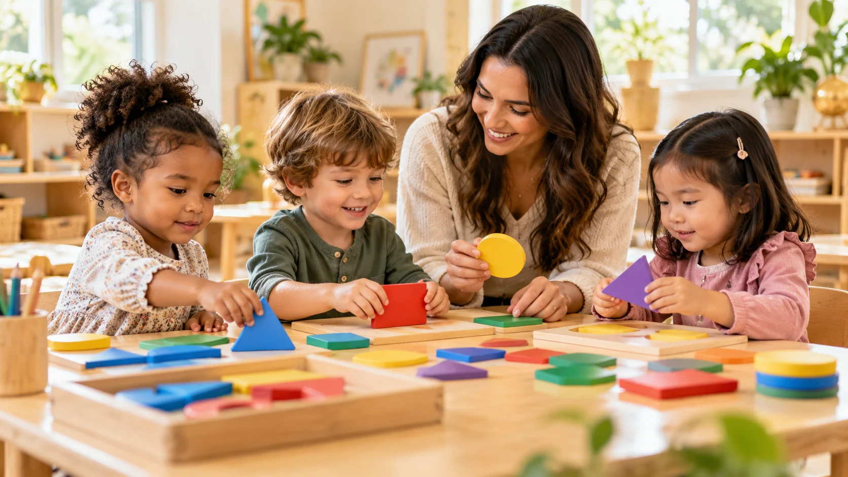 Teacher and preschool children exploring colorful wooden shapes together
