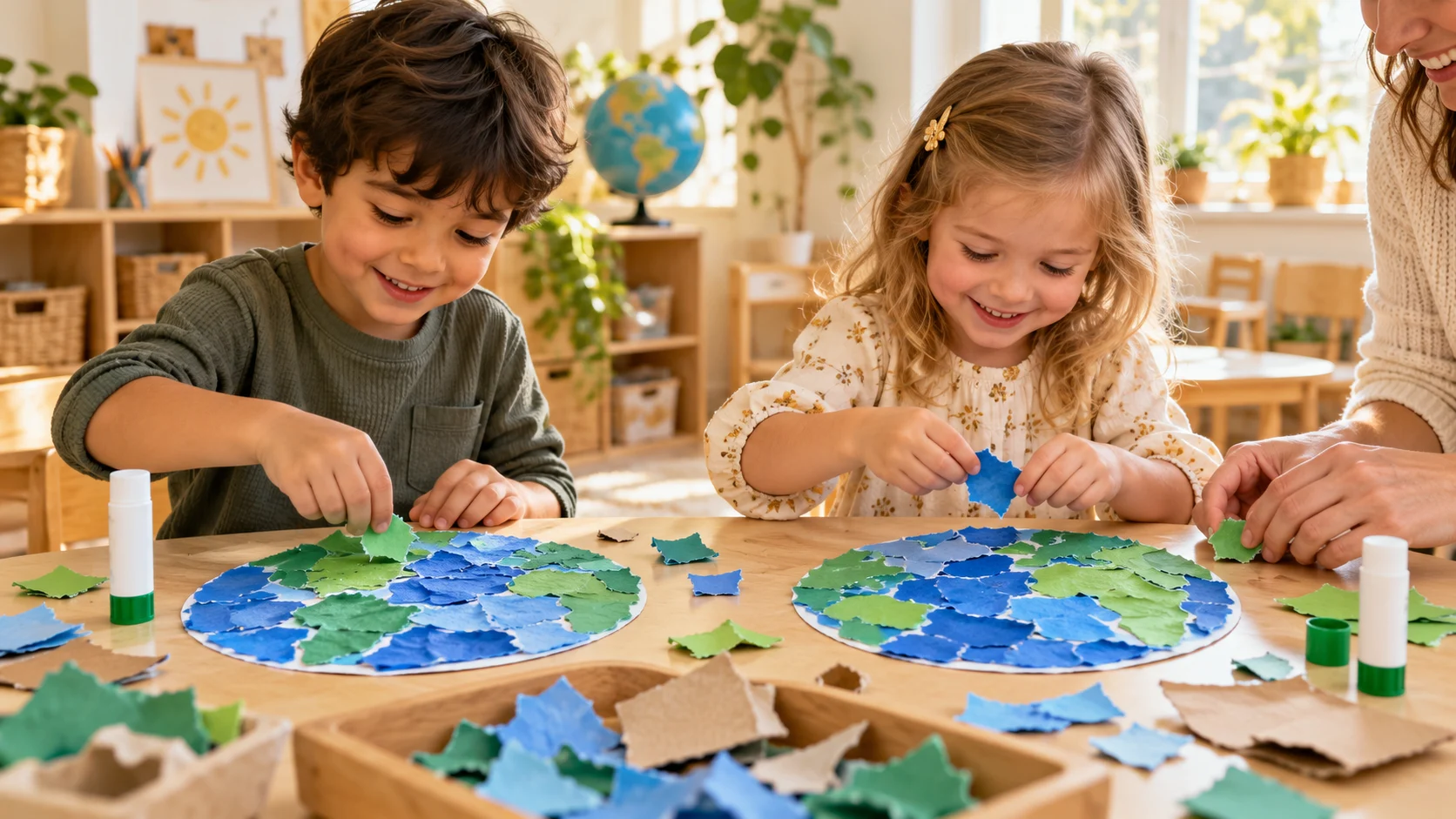 Children making Earth pictures with torn blue and green paper scraps.