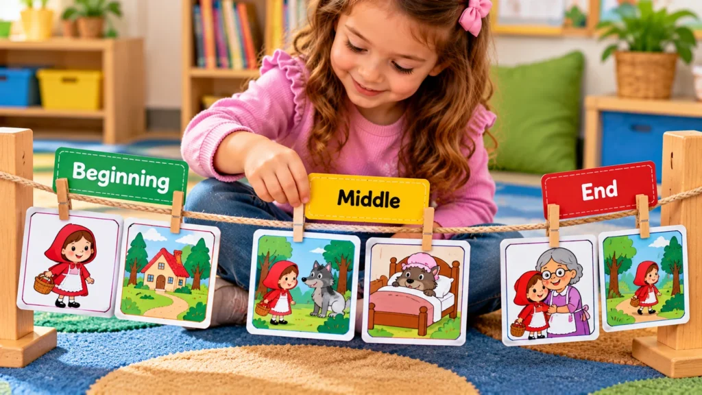 Preschool girl arranging illustrated Little Red Riding Hood picture cards along a beginning, middle, and end storytelling rope.