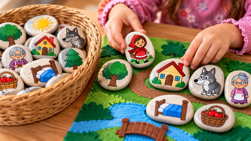 Child arranging painted Little Red Riding Hood story stones to practice storytelling and event sequencing.