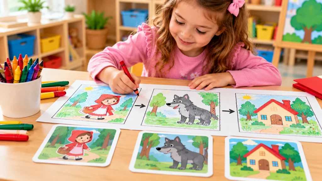 Kindergarten girl drawing Little Red Riding Hood story events in sequence to practice recalling and retelling a story.