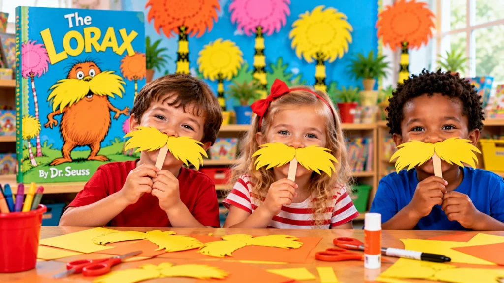 Three preschool children holding handmade yellow Lorax-inspired paper mustaches in a colorful classroom.