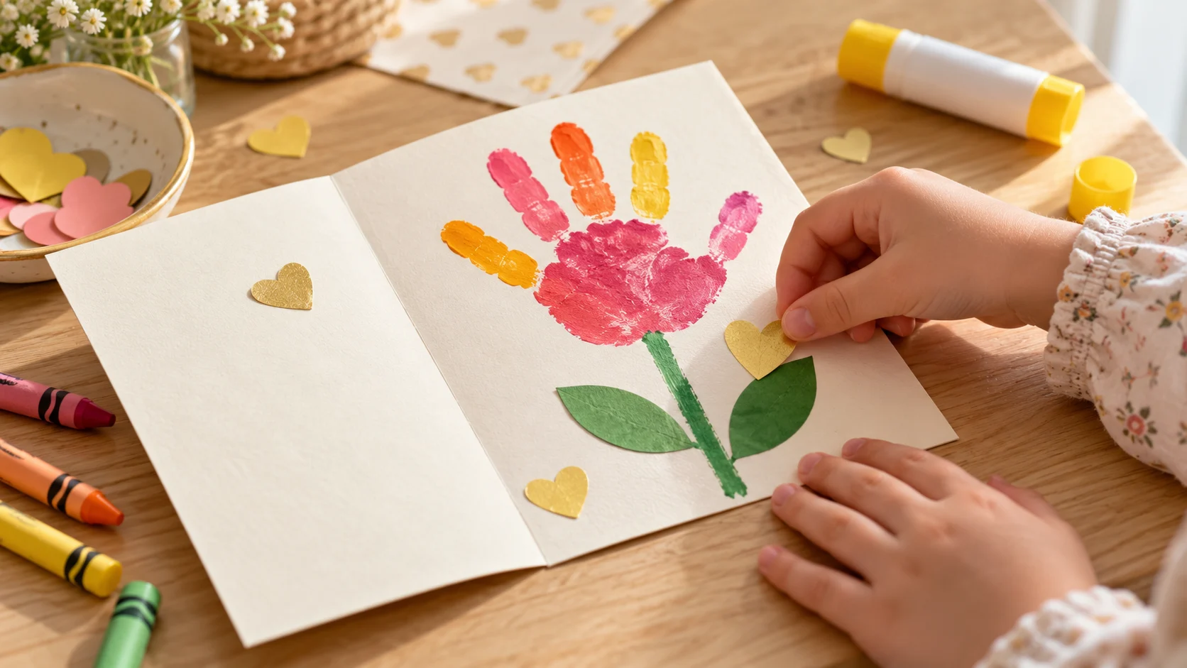 Child decorating a Mother’s Day handprint flower card with paper hearts.