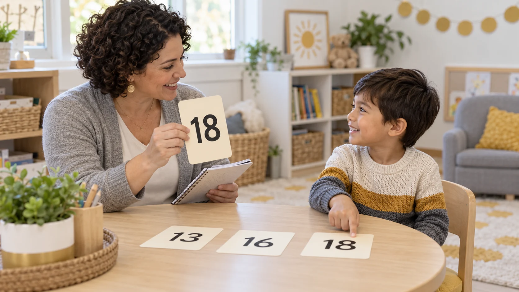 Child matching numeral 18 while a teacher observes