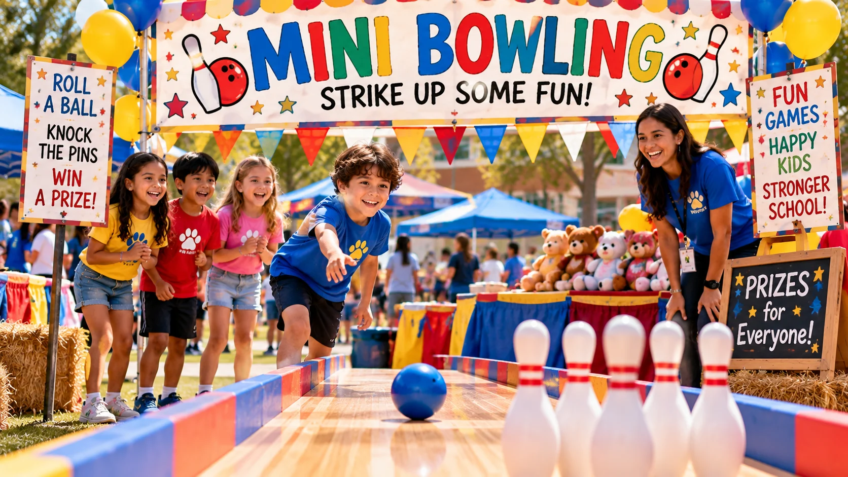 Children enjoying a mini bowling game booth with colorful decorations at a school carnival