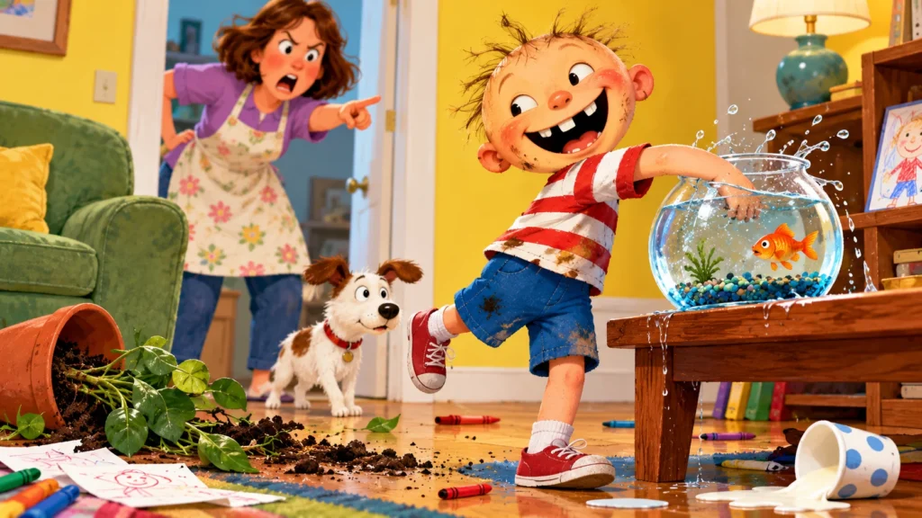 	Mischievous young boy splashing water from a fishbowl while his mother reacts in a colorful illustrated room.
