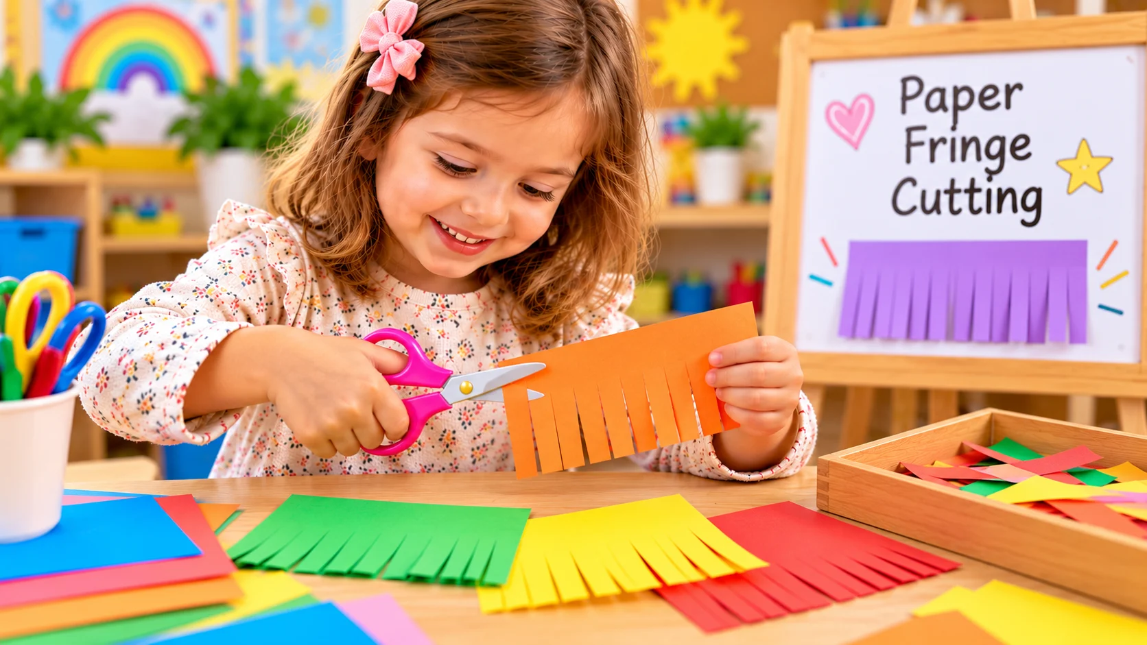 Preschool girl snipping paper fringe along short parallel lines