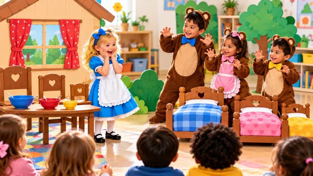 Kindergarten children acting out Goldilocks and the Three Bears using costumes and classroom storytelling props.