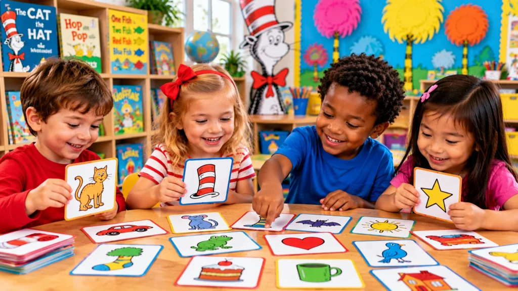 Preschool children playing a rhyming picture-card matching game at a colorful classroom table.