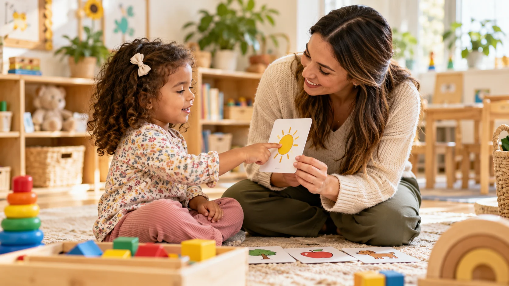 Preschool teacher supporting a child as she points to a picture card