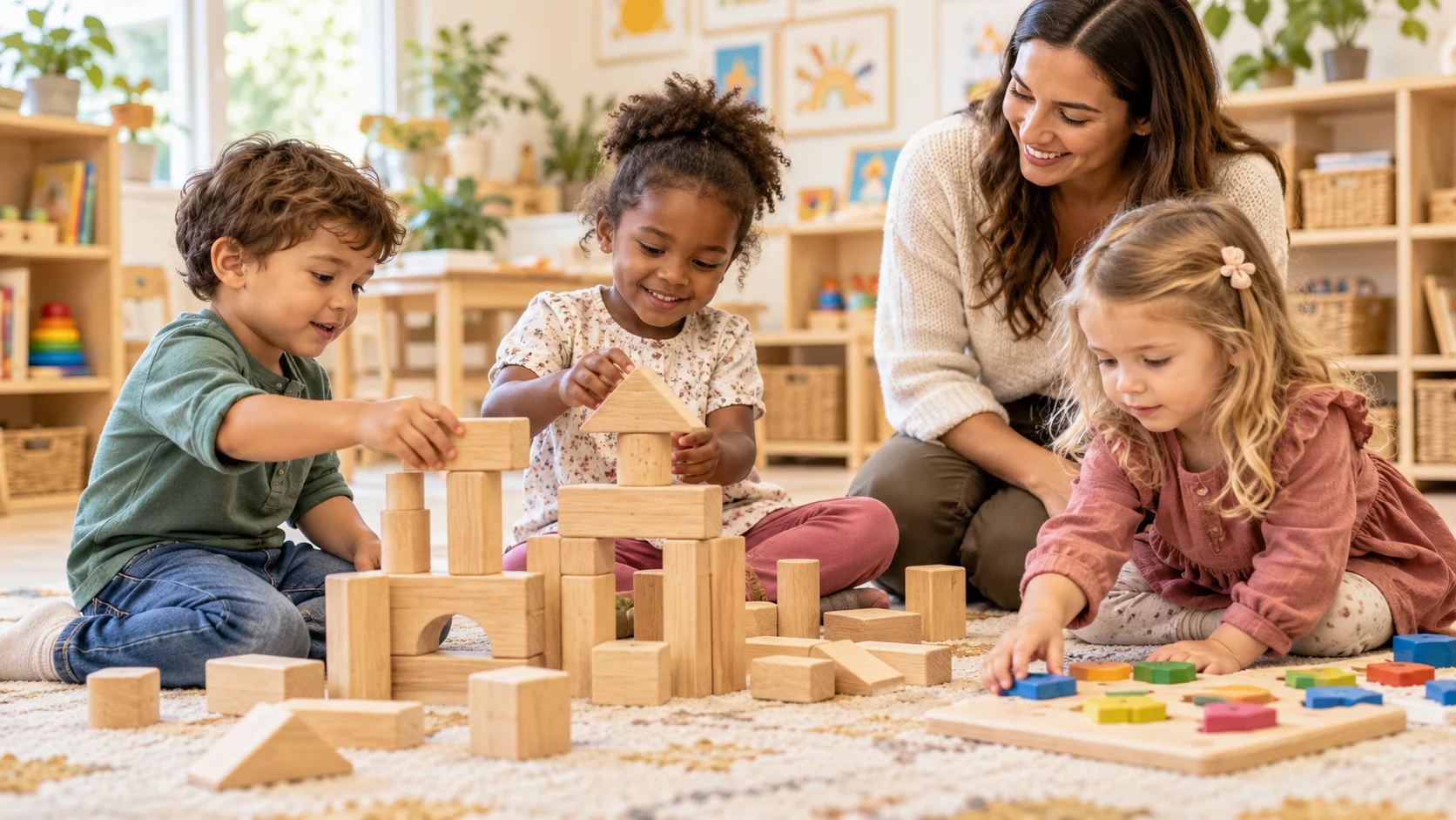 Preschool children exploring wooden blocks and a puzzle with their teacher