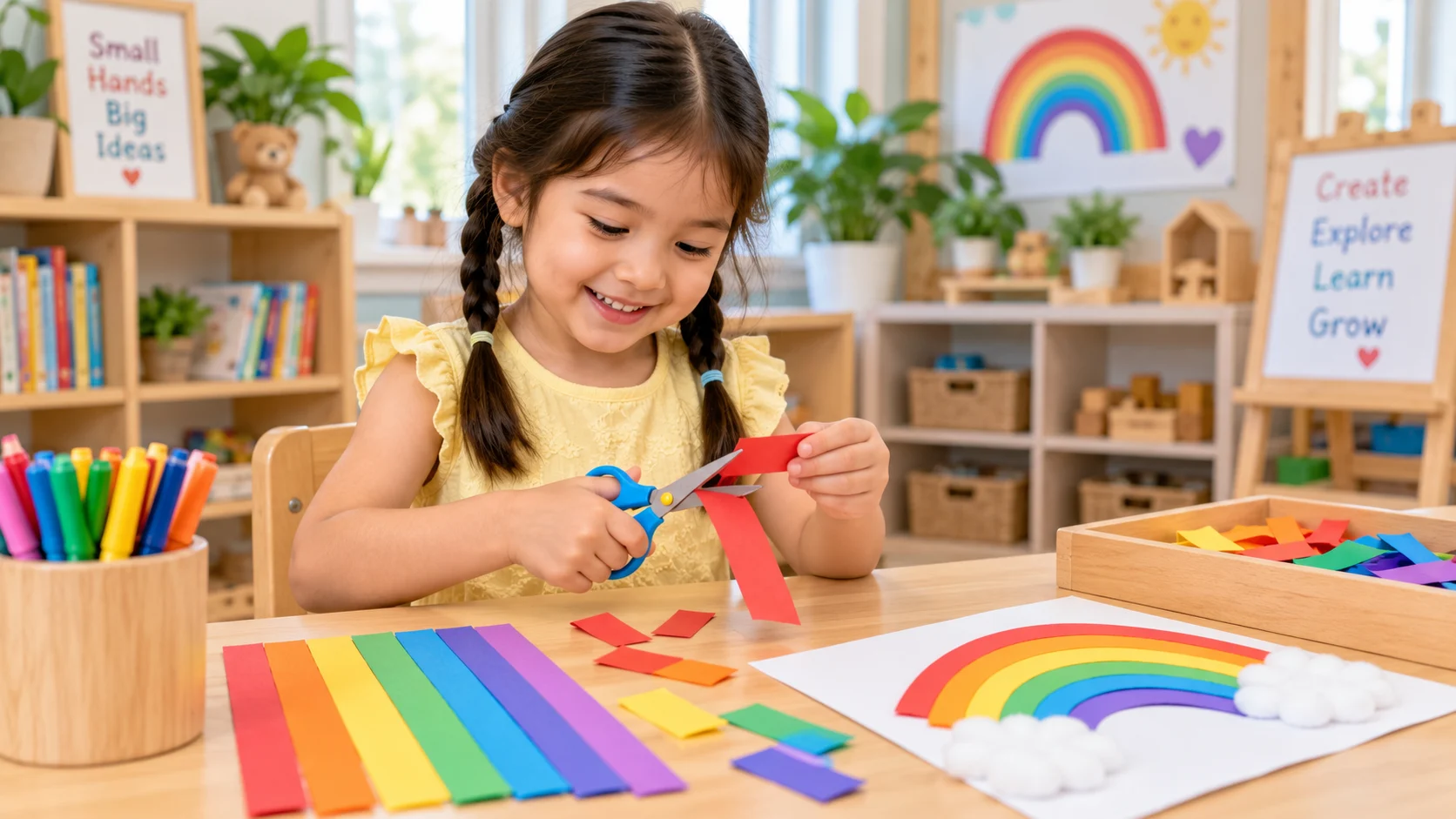 Girl with braids cutting colorful rainbow paper strips for a preschool craft