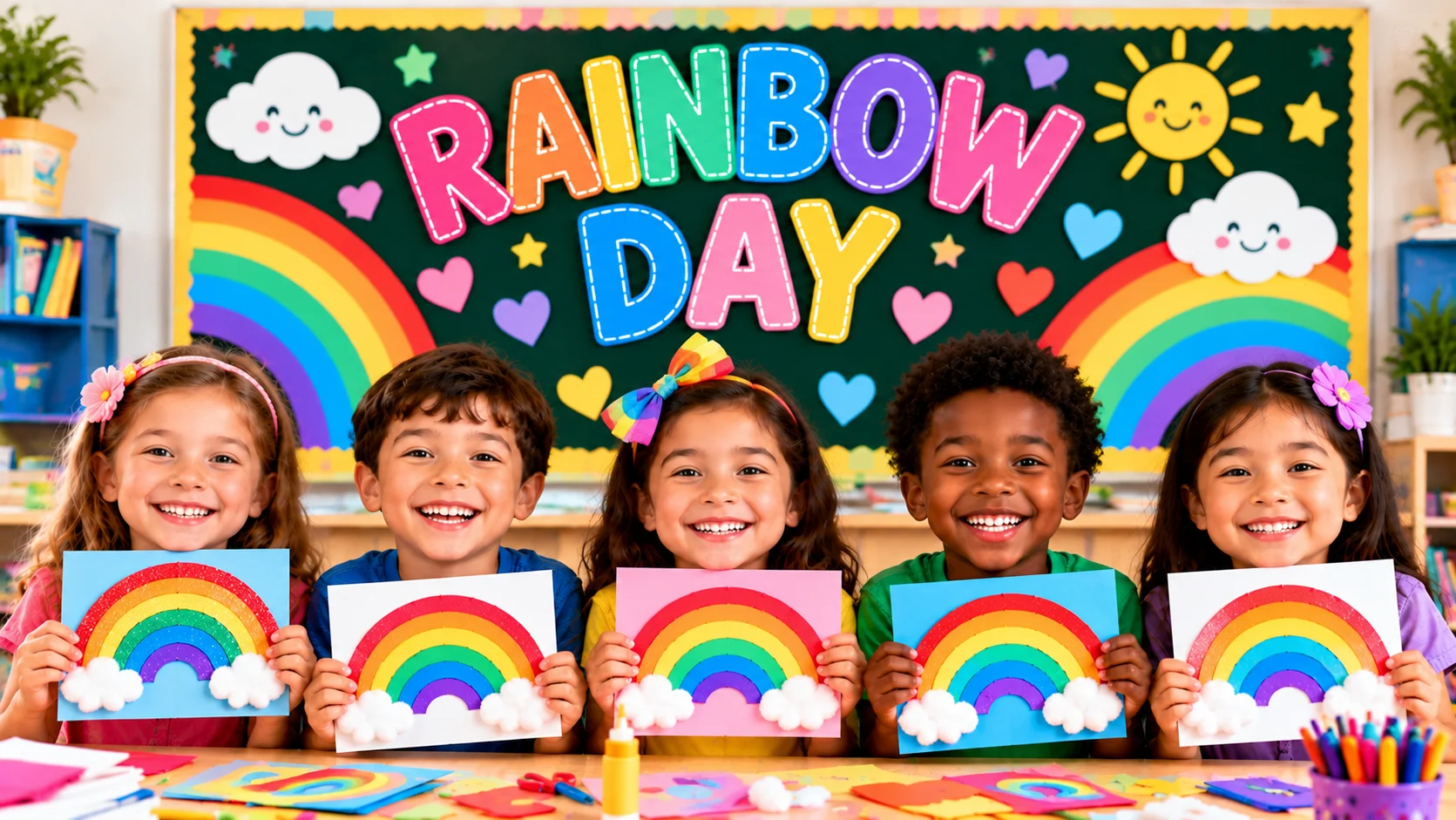 Kindergarten students holding colorful rainbow crafts during Rainbow Day classroom celebration