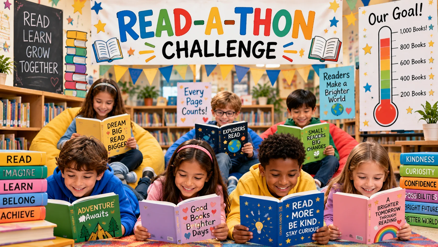 Children participating in a read-a-thon challenge surrounded by books and reading posters
