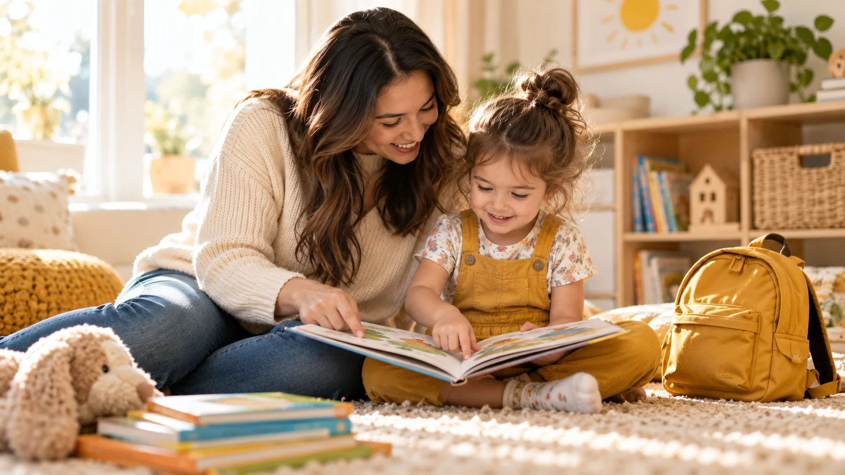 Parent and child reading a picture book at home beside a preschool backpack