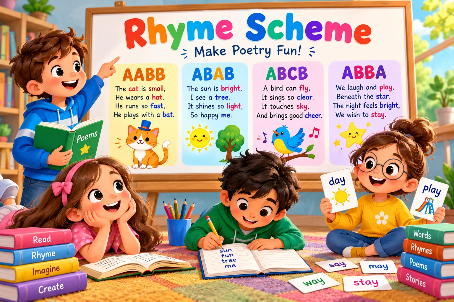 Children learning how to write original rhyming poems