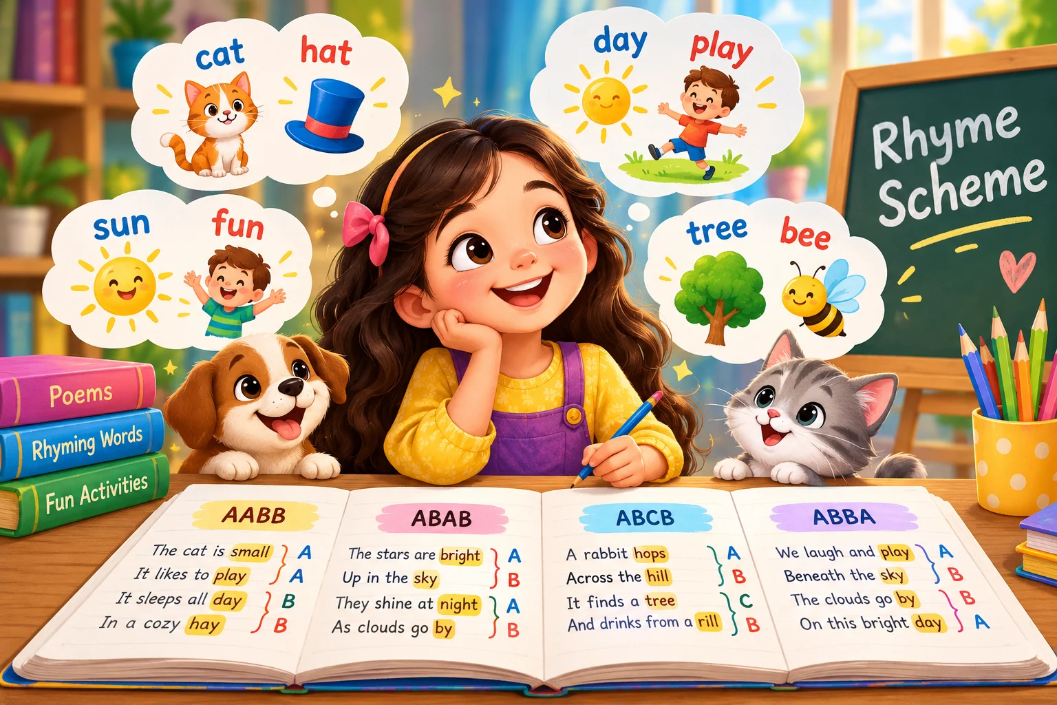 Children learning rhyme schemes through colorful poetry examples