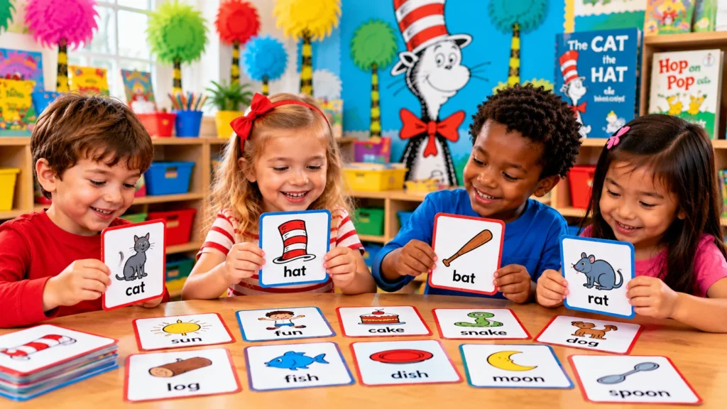 Kindergarten children matching cat, hat, bat, and rat picture cards during a Cat in the Hat rhyming activity.