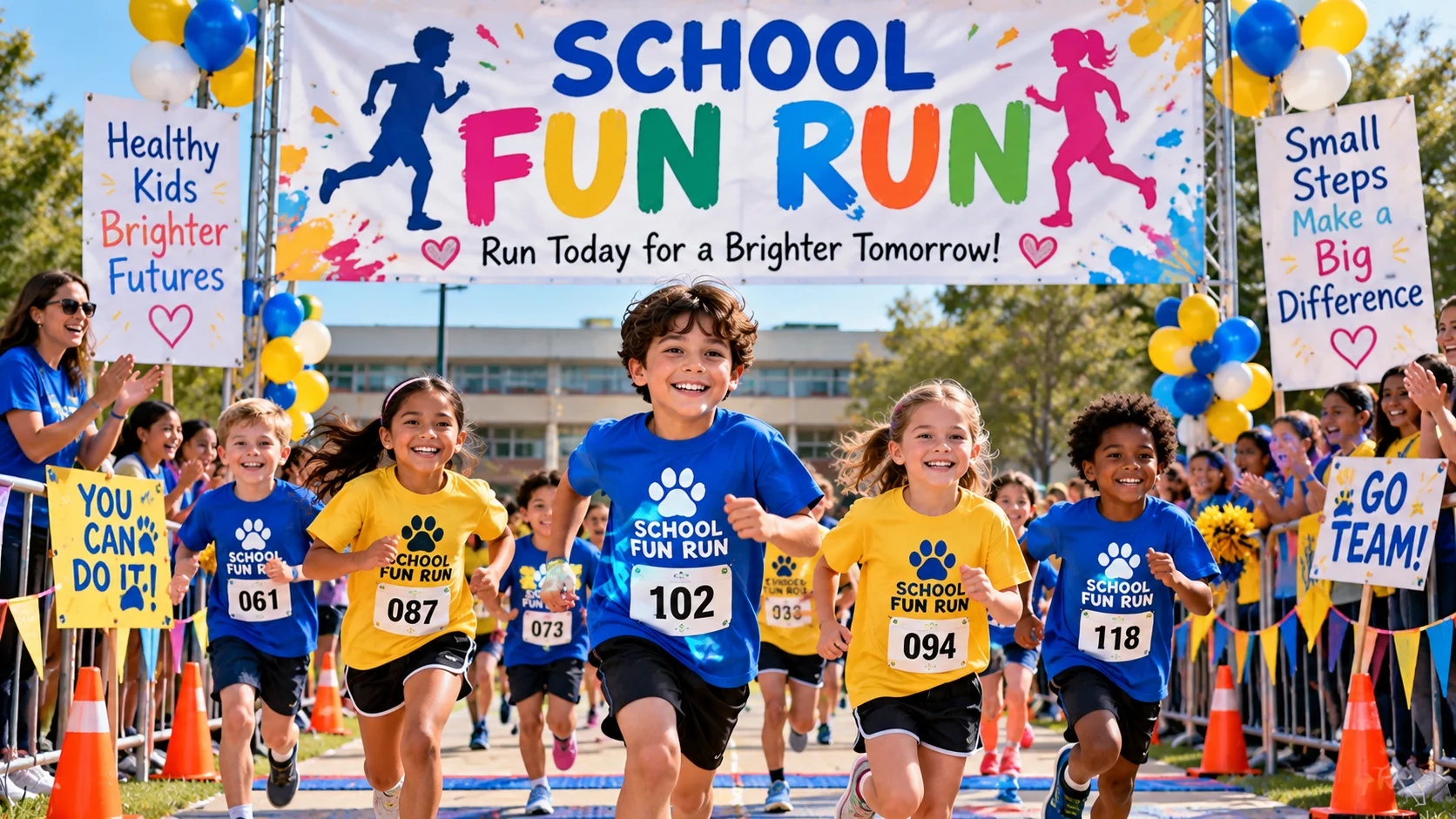 Students running together during a colorful school fun run fundraising event