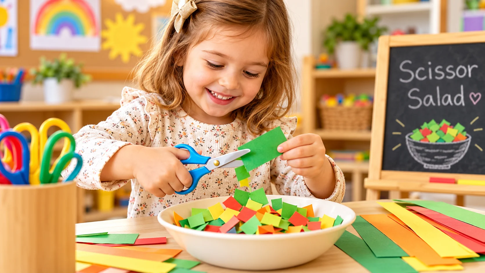 Preschool child cutting colorful construction paper with child-safe scissors to make pretend scissor salad