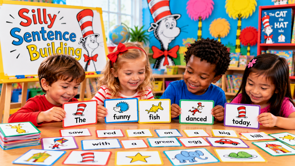 Kindergarten children arranging picture and word cards to build a funny sentence during a literacy activity.