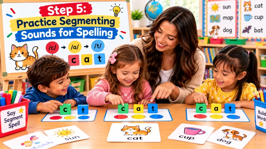 Kindergarten teacher helping children learn phonics, sight words, and letter sounds through classroom activities.