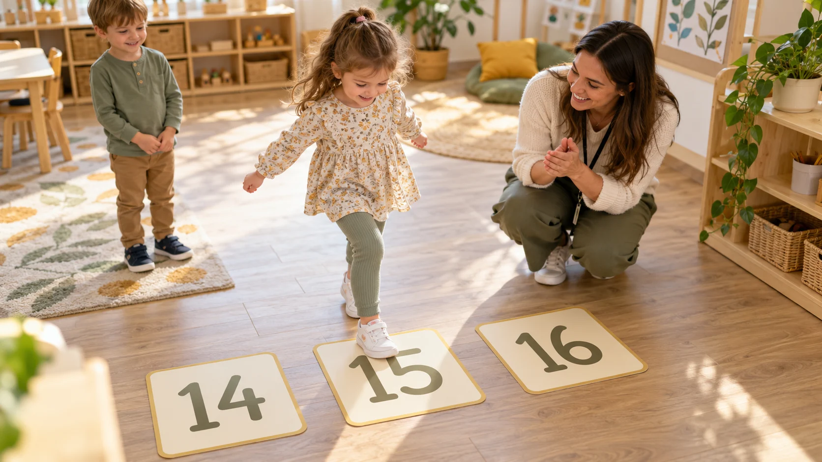 Child stepping onto number 15 between floor cards 14 and 16