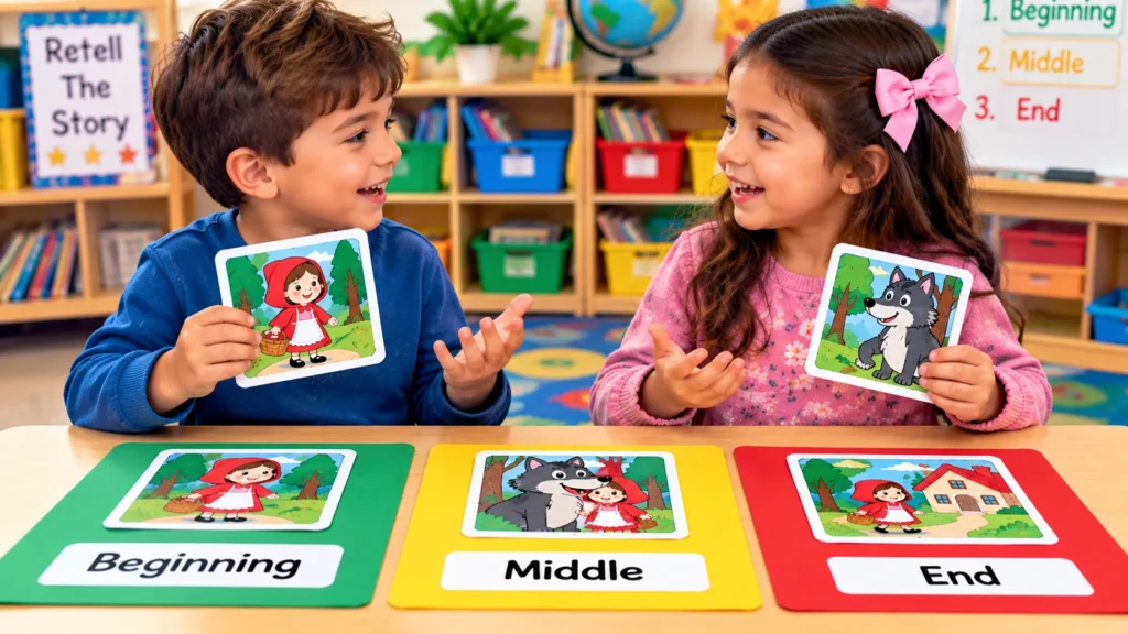 Two kindergarten children practicing partner story retelling with Little Red Riding Hood picture cards and sequencing mats.