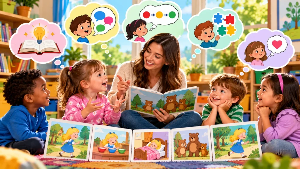 Preschool teacher reading with children to support story comprehension, vocabulary, sequencing, and oral language development.