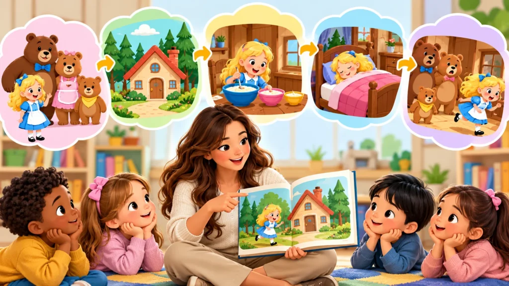 	Preschool teacher reading a picture book as children learn to retell story events using colorful illustrations