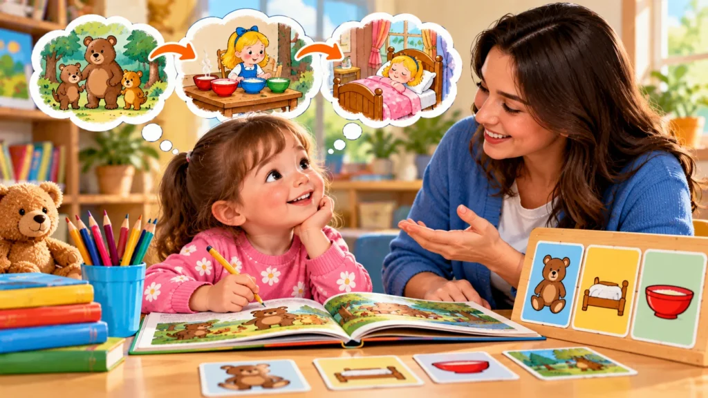 Teacher helping a preschool girl retell the Goldilocks story using illustrated sequence cards and gentle prompts.