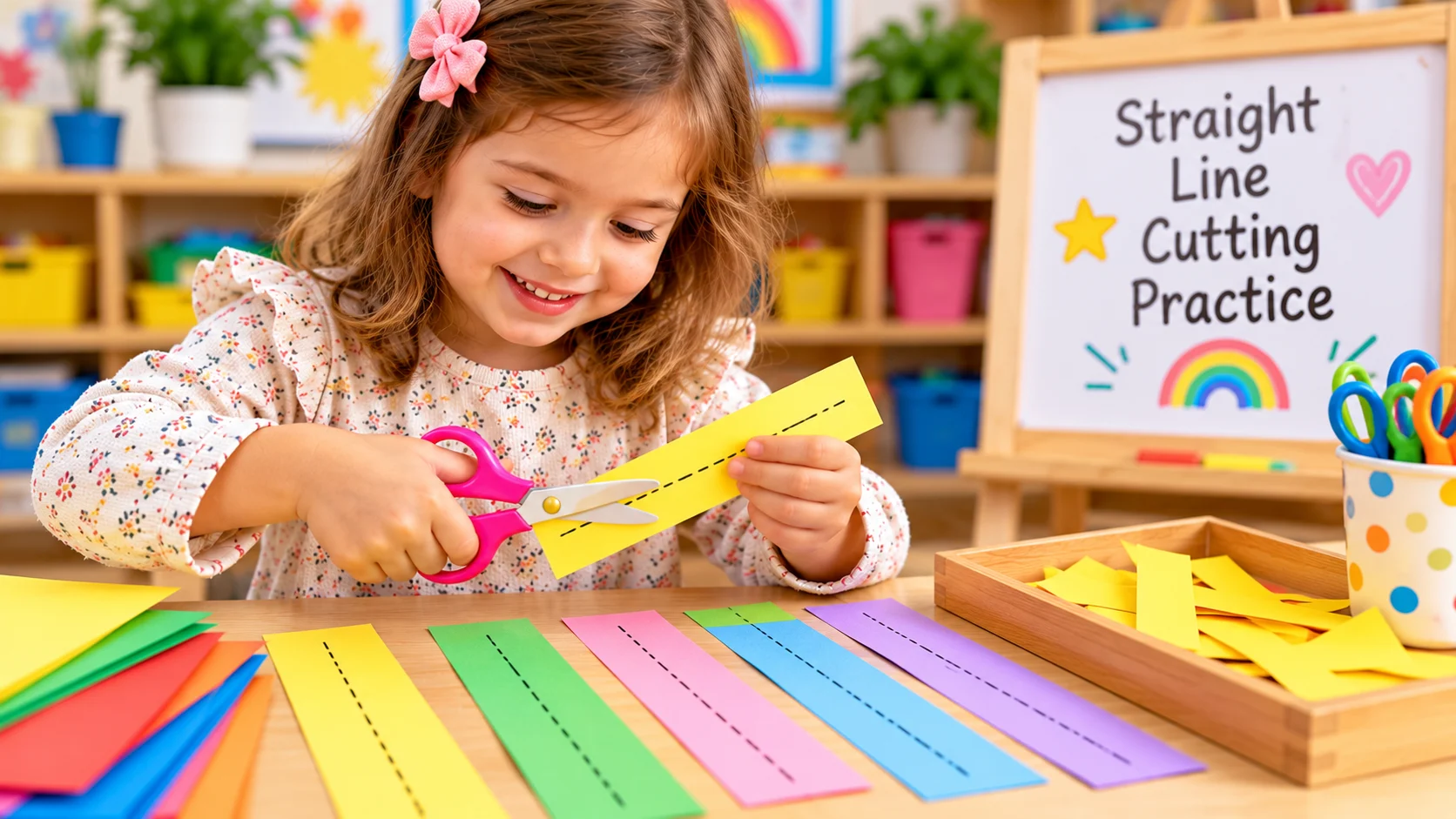 Preschool girl cutting a yellow strip along a straight dotted line