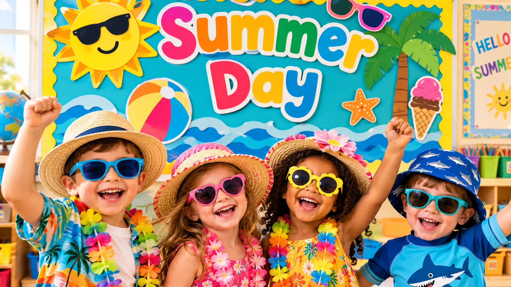 Happy elementary school students celebrating the last day of school during Zoom Into Summer Day