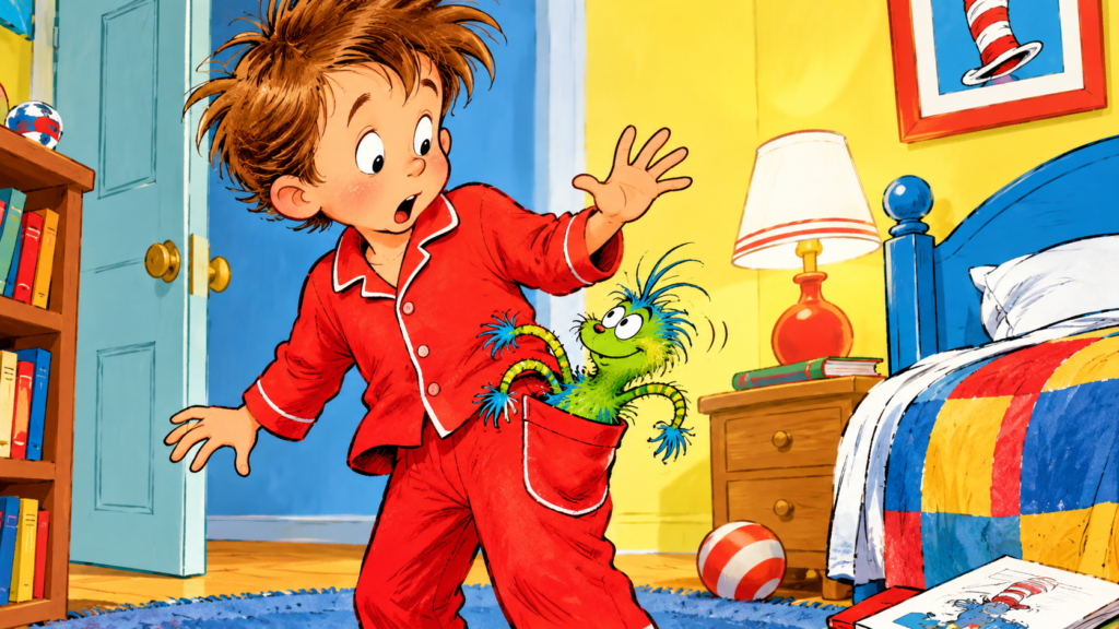 Surprised boy discovering a playful green imaginary creature inside his pajama pocket in a colorful bedroom.