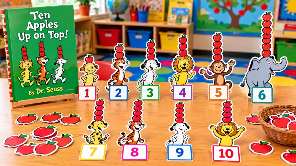 Classroom counting activity featuring illustrated animals, red apple cutouts, and number cards from one to ten.
