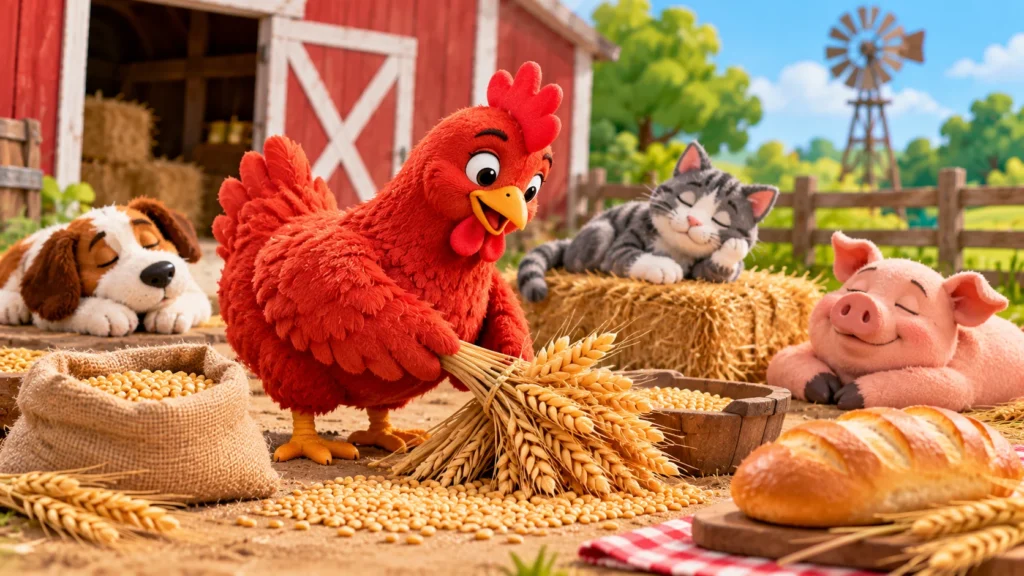 Colorful Little Red Hen gathering wheat on a farm while a dog, cat, and pig rest nearby.