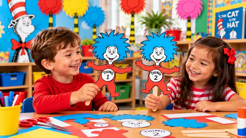 Two preschool children holding handmade Thing 1 and Thing 2 paper puppets with bright blue hair.