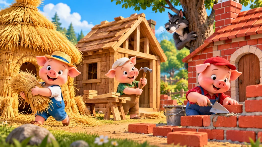Three little pigs building straw, wooden, and brick houses while a wolf watches from behind a tree.