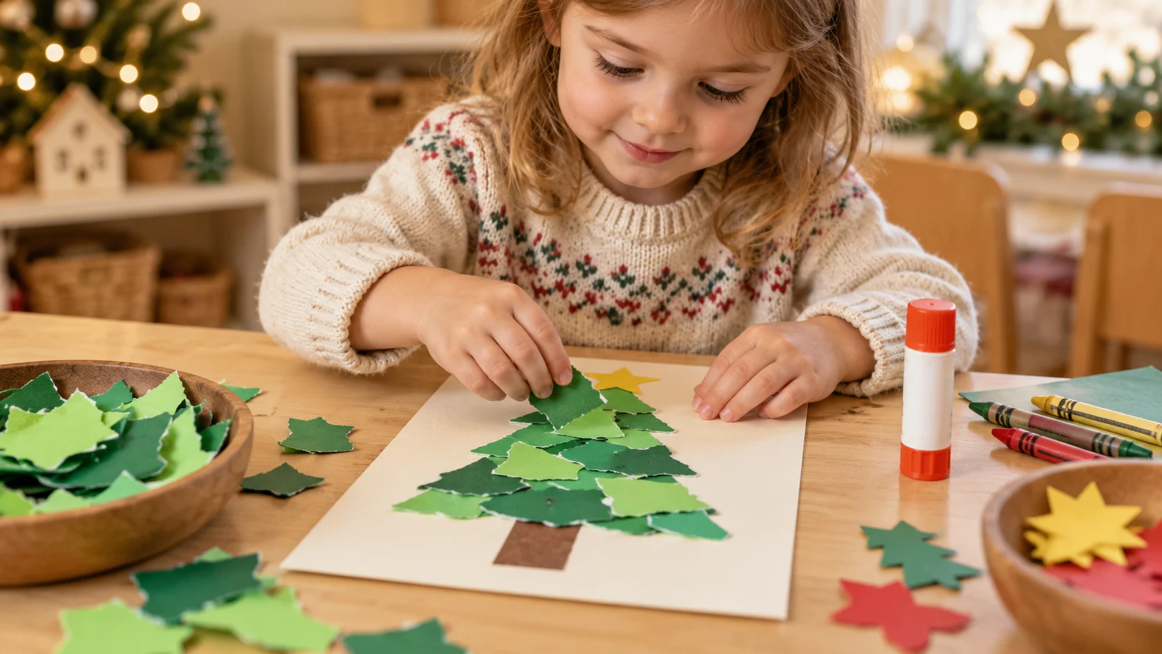 Child arranging torn green paper pieces into a Christmas tree on cardstock.