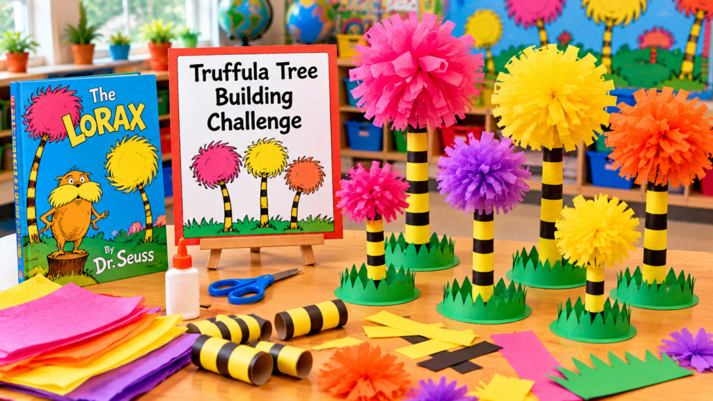 Colorful handmade Truffula Trees with striped cardboard trunks and fluffy tissue-paper tops displayed on a classroom table.