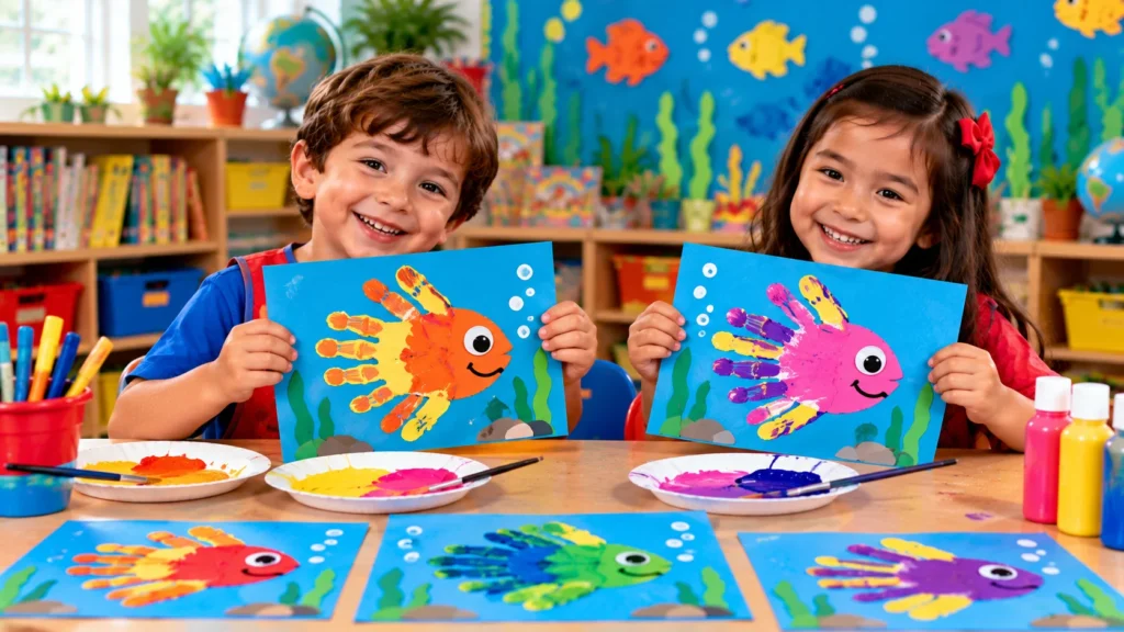 Two preschool children displaying colorful handprint fish paintings on blue paper with underwater decorations.