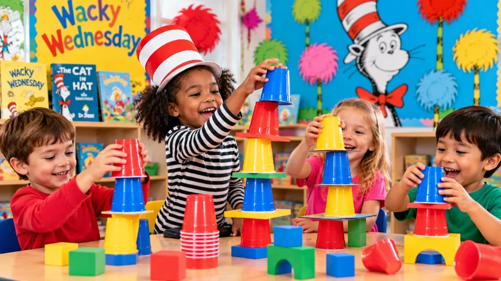 Kindergarten children building colorful cup towers during a Wacky Wednesday STEM stacking challenge.