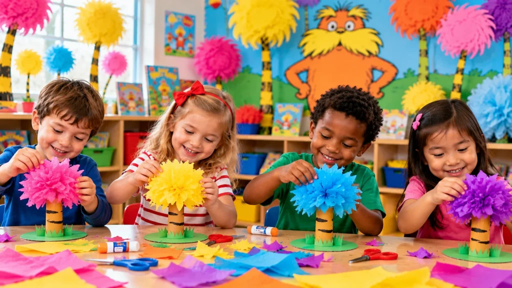 Preschool children creating colorful Truffula Tree crafts using bright tissue paper and cardboard trunks.
